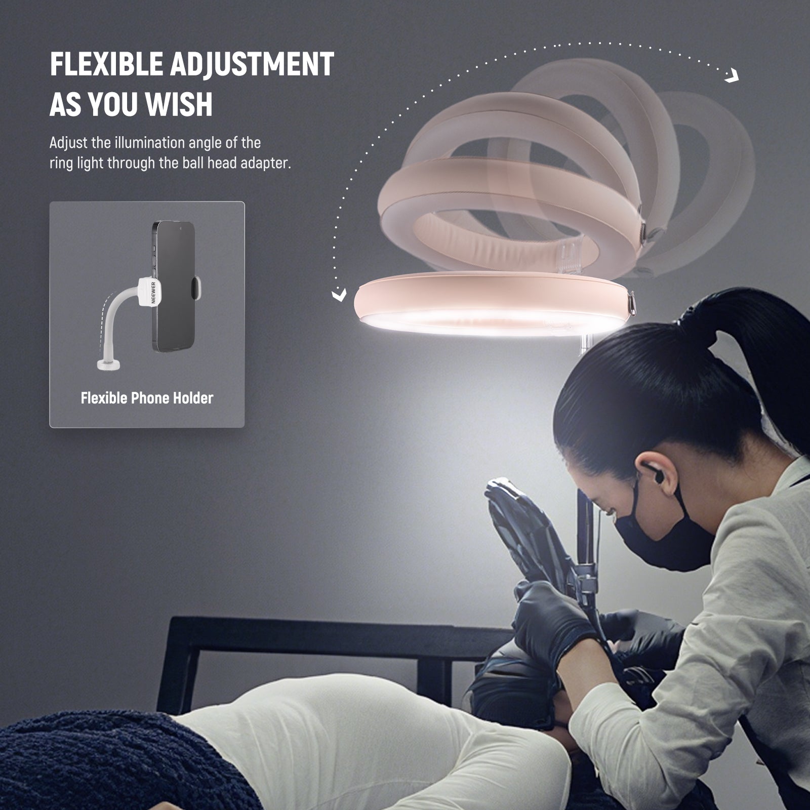 A flexible phone mount secures your phone at the center of the light