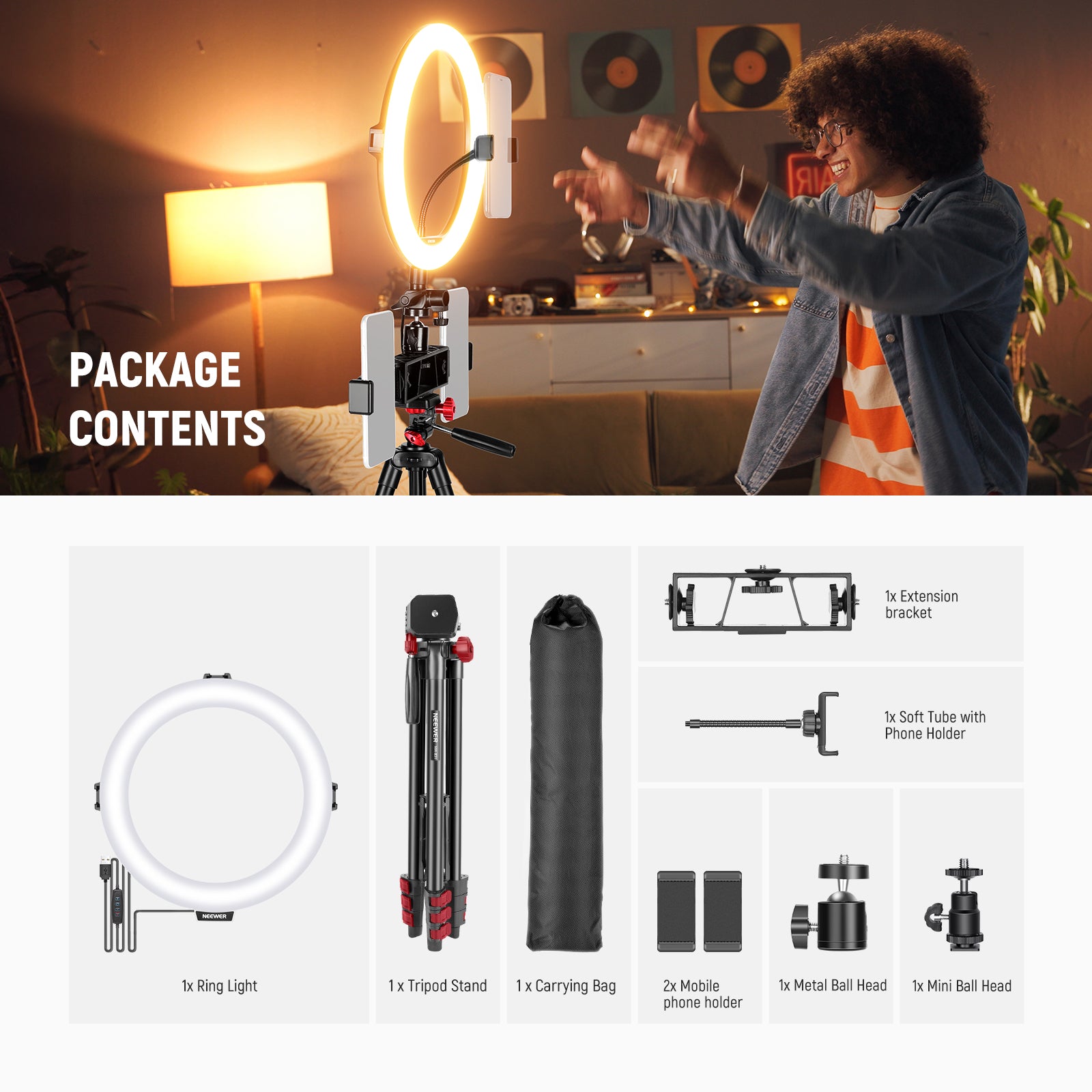Package Contents of the NEEWER R11 10" Ring Light with Tripod & 3 Phone Holders Kit