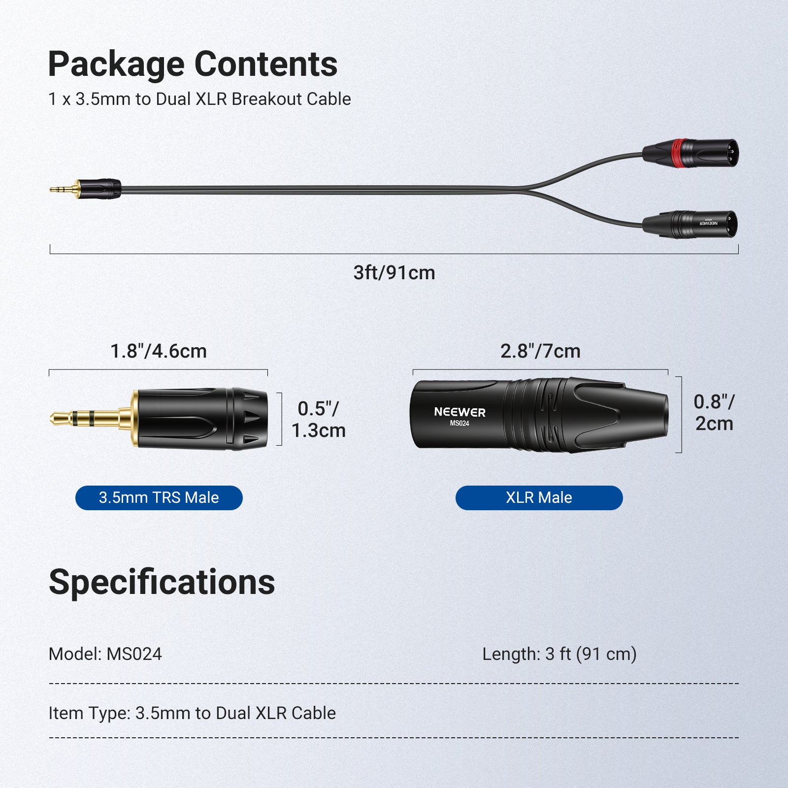 NEEWER 3.5mm 1/8 Inch TRS AUX to Dual XLR Breakout Cable