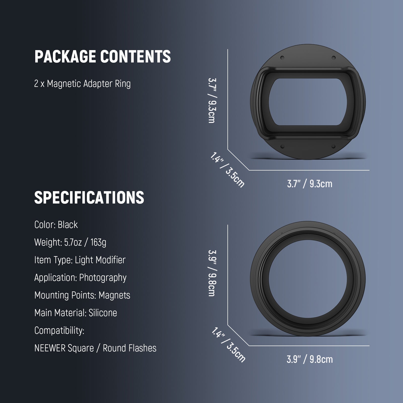 Specifications of the NEEWER CRS1 Flash Magnetic Adapter Ring For Round & Square Flashes