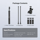 This package includes a phone tripod stand, two flexible arms, a tripod mount adapter, and three phone holders.