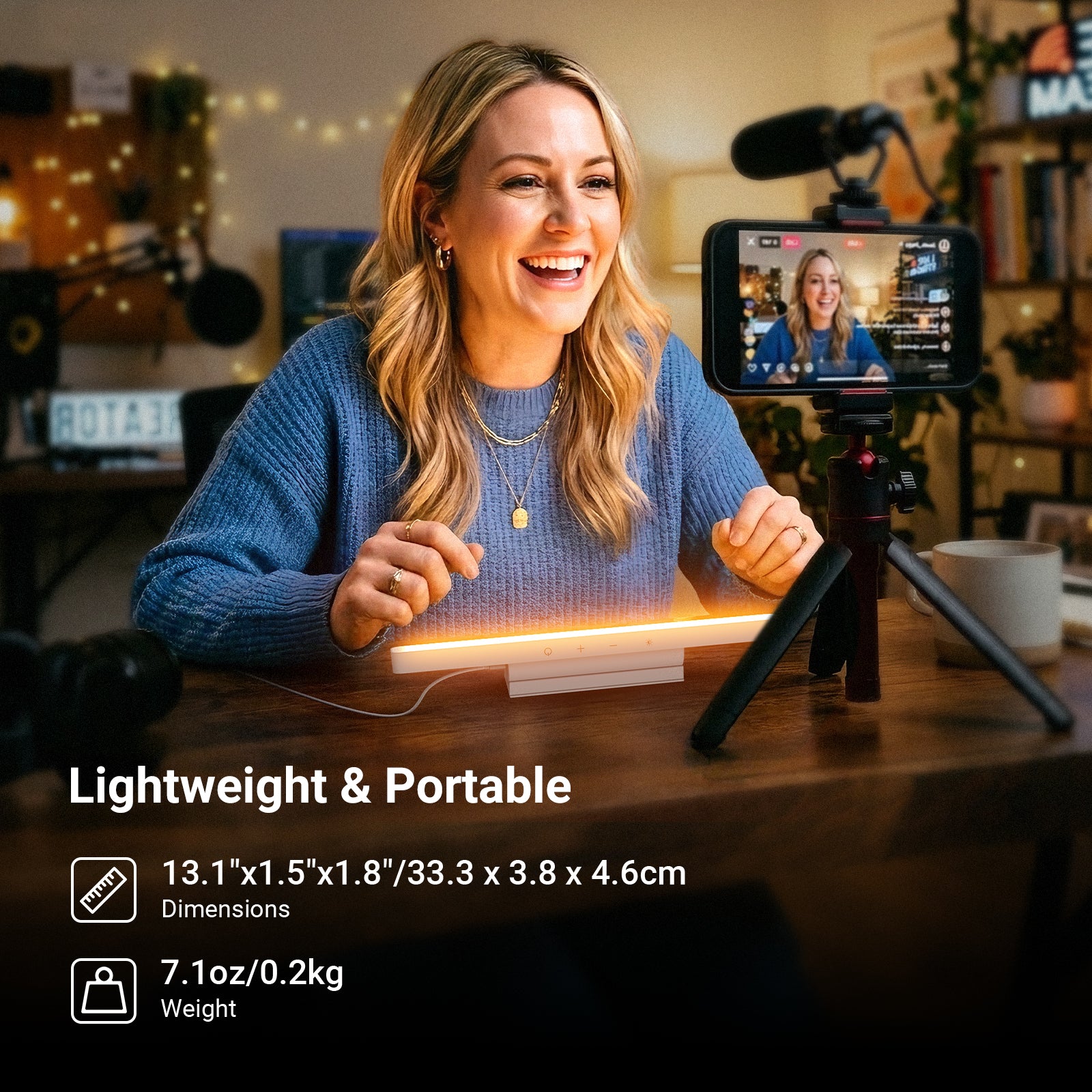 A content creator is live-streaming, using the NEEWER TL106B LED Chin Fill Light to create warm, even illumination on her face, while her smartphone on a tripod streams the session to viewers.
