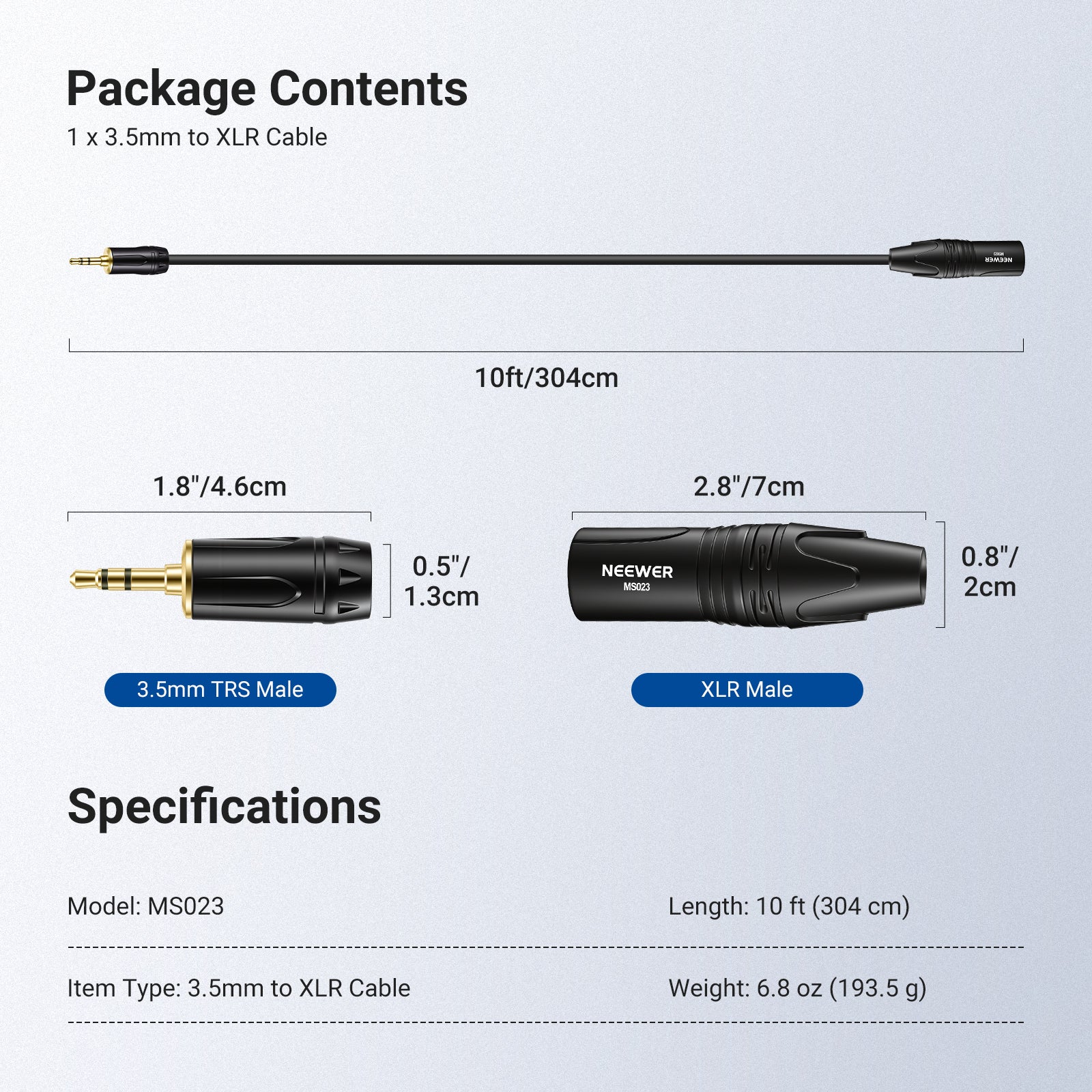 NEEWER MS023 3.5mm to XLR Male Cable