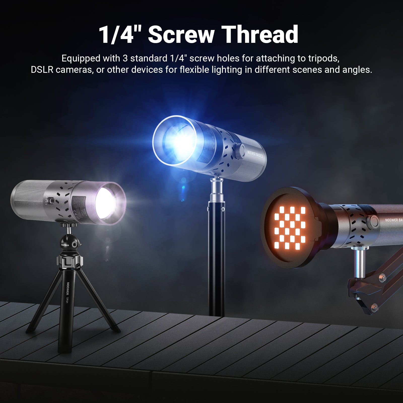 Three NEEWER FL20 Portable RGB Photography Flashlights are set up on different stands (a mini tripod, a tall pole, and a flexible arm).