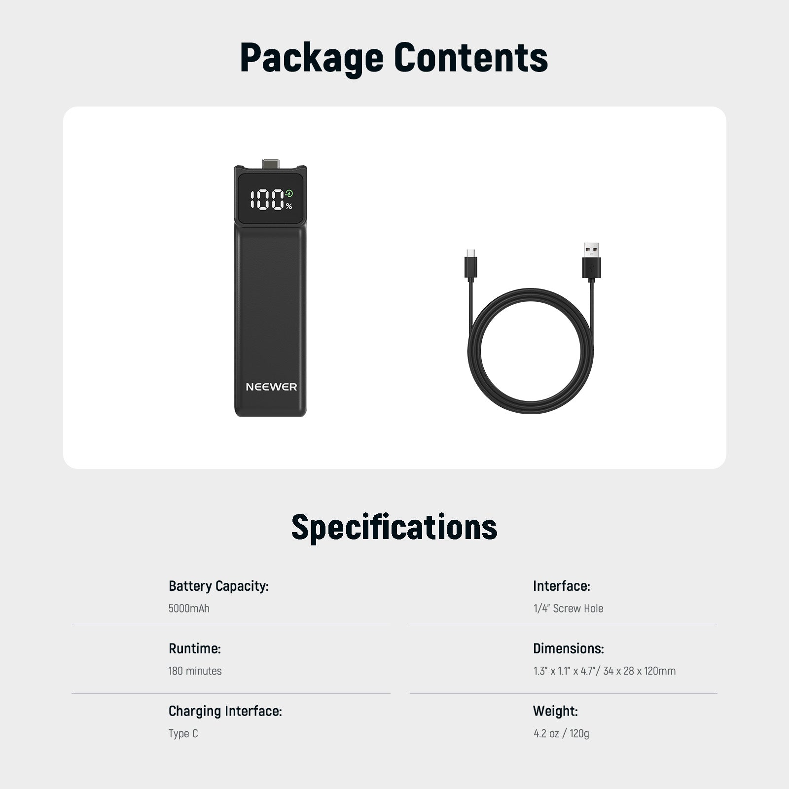 Specifications of the NEEWER PH01 5000mAh Battery Handle For DJI Osmo Pocket 3