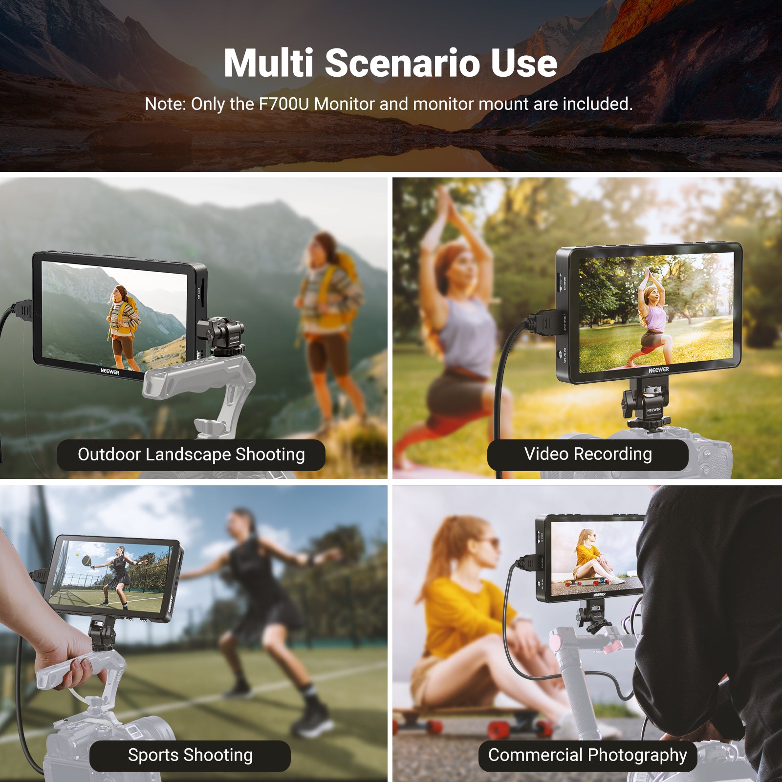 NEEWER F700U Camera Field Monitor is ideal for outdoor landscape shooting, video recording, sports shooting, and commercial photography.