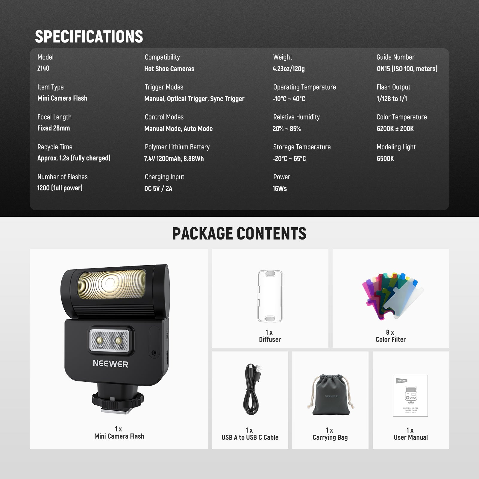 This package includes a mini camera flash, a diffuser, eight color filters, a USB A to USB C cable, and a carrying bag.