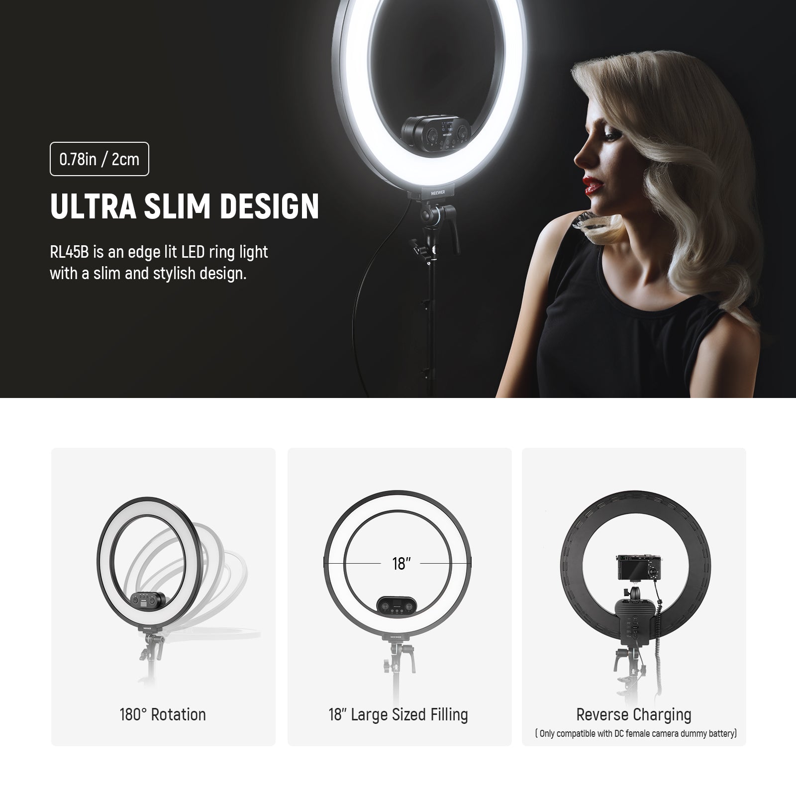The NEEWER RL45B 45W 18” Slim Side Light Ring Light features a slim design.