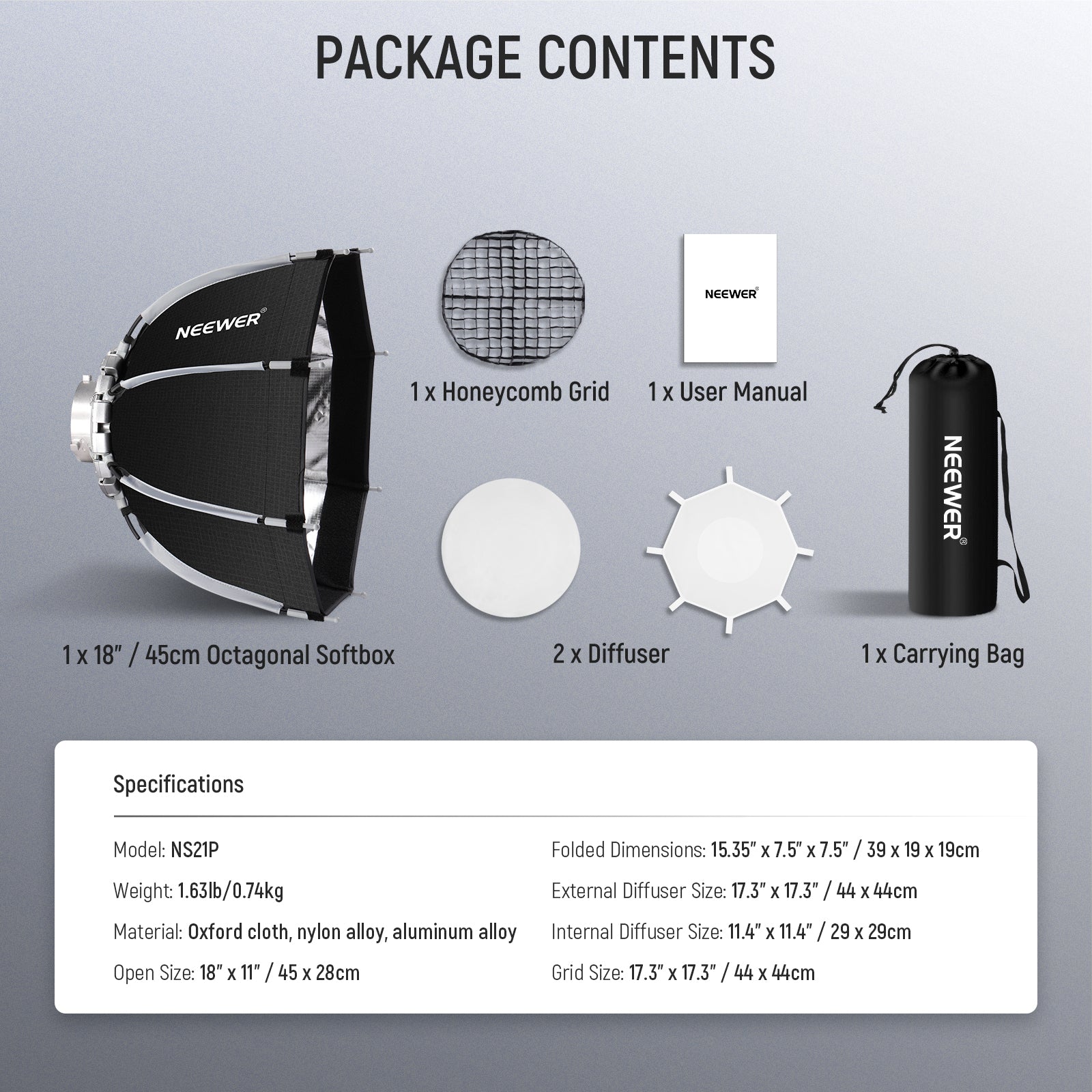 Package Contents of the NEEWER NS21P Octagonal Softbox