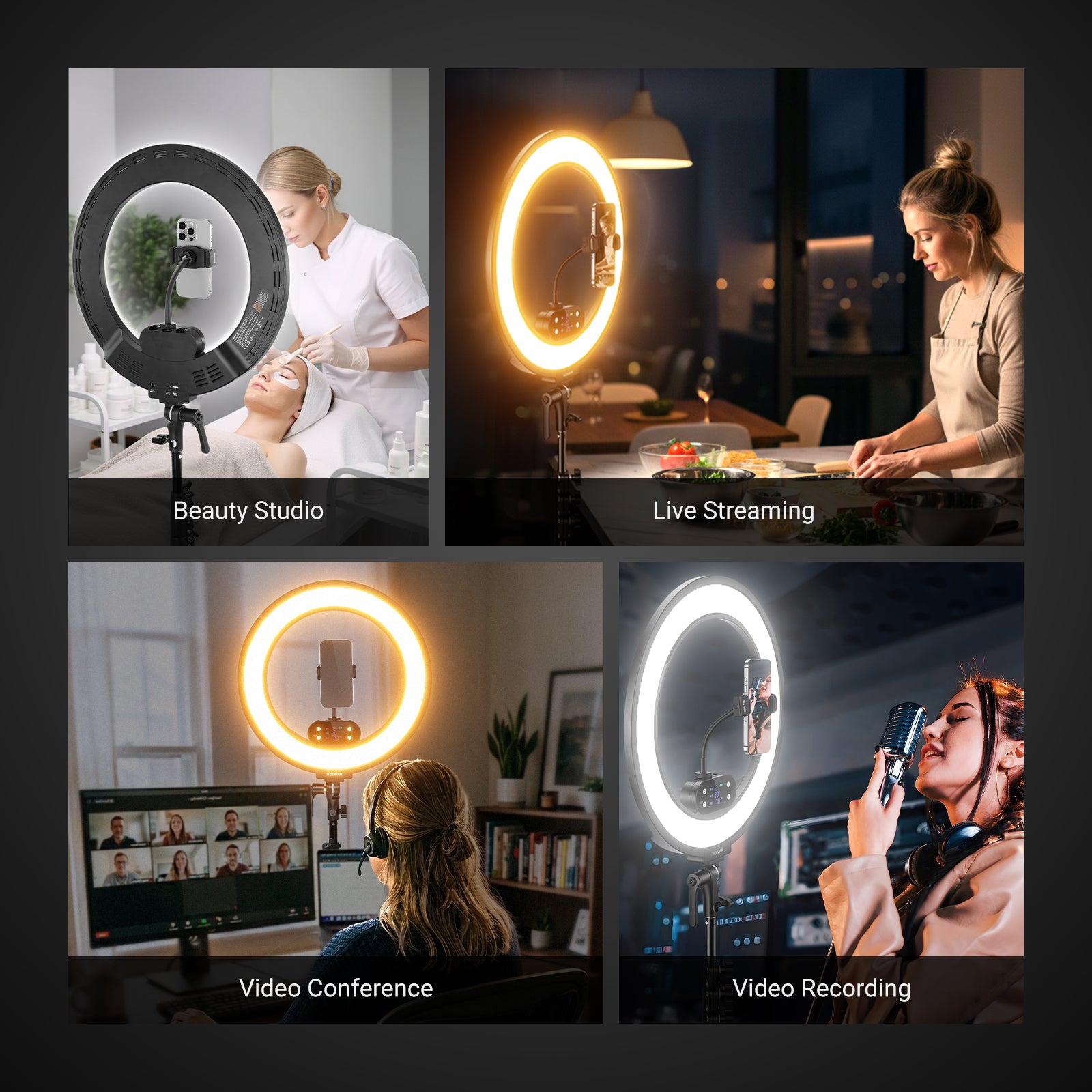 NEEWER RB18B 18-inch Rechargeable Ring Light is ideal for beauty studio, live streaming, video conference, and video recording.