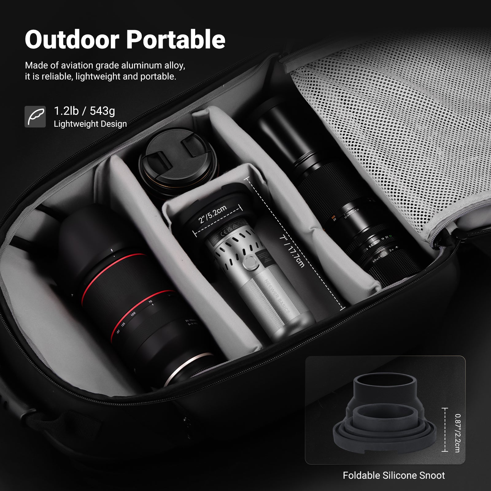 A padded camera gear bag with customizable dividers neatly stores camera lenses and a NEEWER FL20 Portable RGB Photography Flashlight.