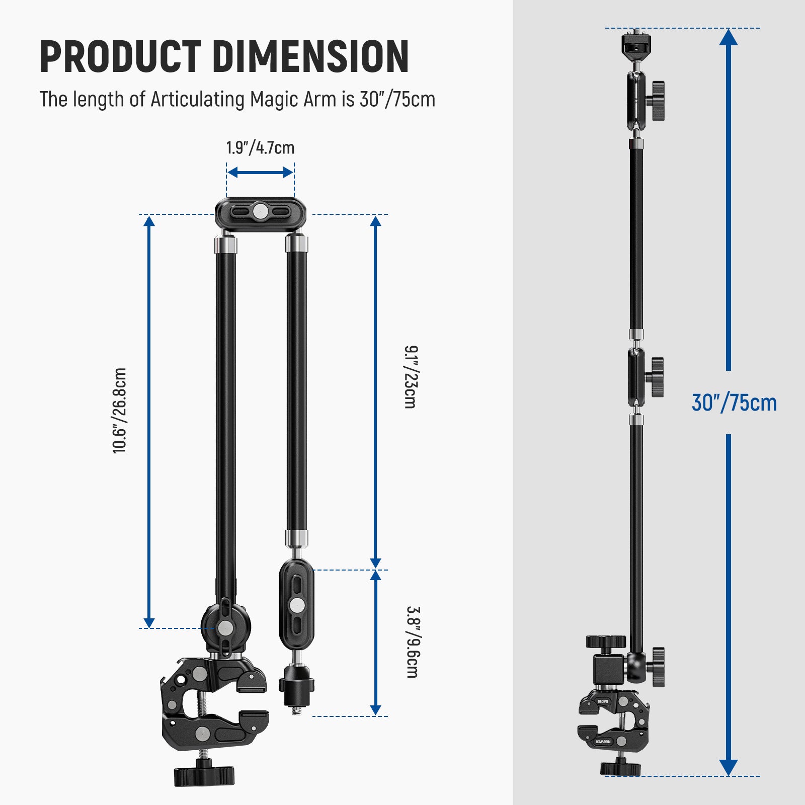 Product dimensions of the NEEWER UA056 Articulating Magic Arm