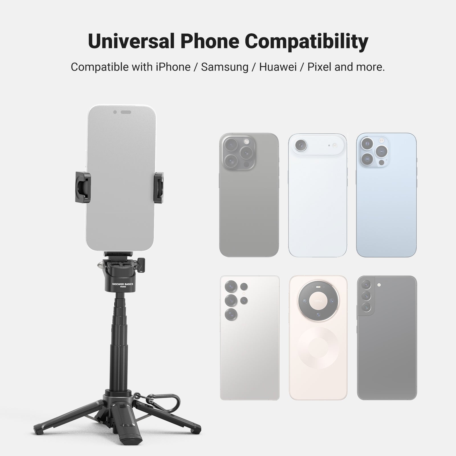 NEEWER BASICS PA986 Mini Phone Tripod Selfie Stick is compatible with iPhone, Samsung, Huawei, Pixel, and more.