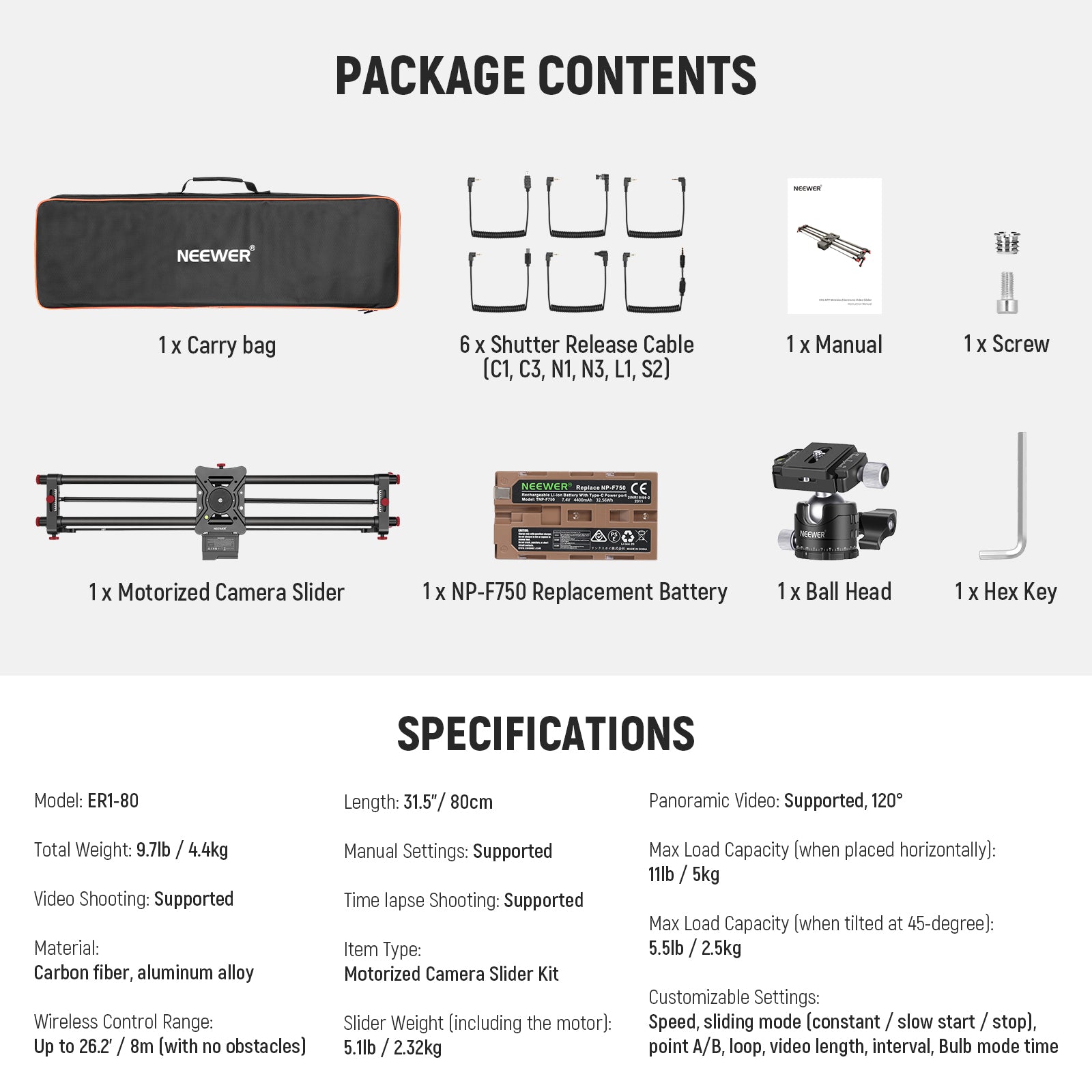 NEEWER ER1 Motorized Camera Slider with NP-F750 Battery