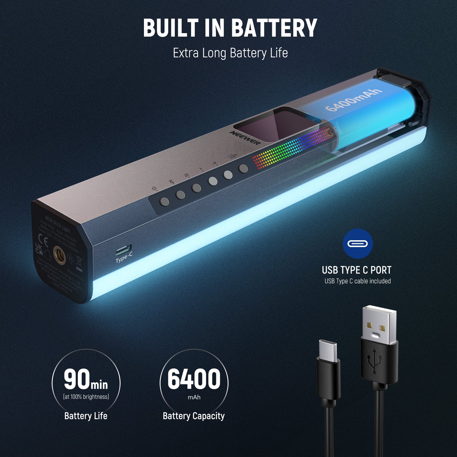 NEEWER RGB1 LED Tube Light with Metal Barndoor Handle