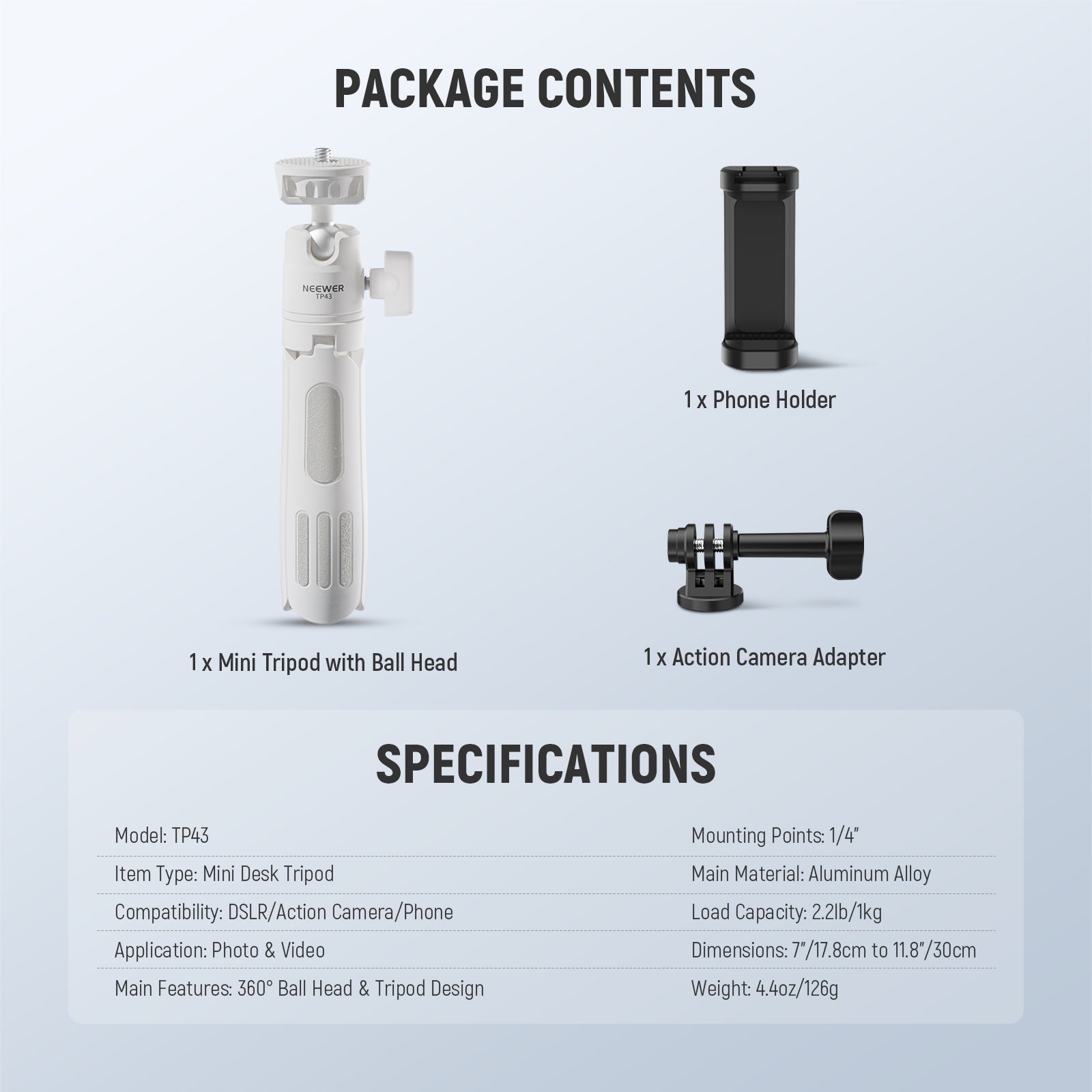 Package Contents of the NEEWER TP43 Mini Desktop Tripod