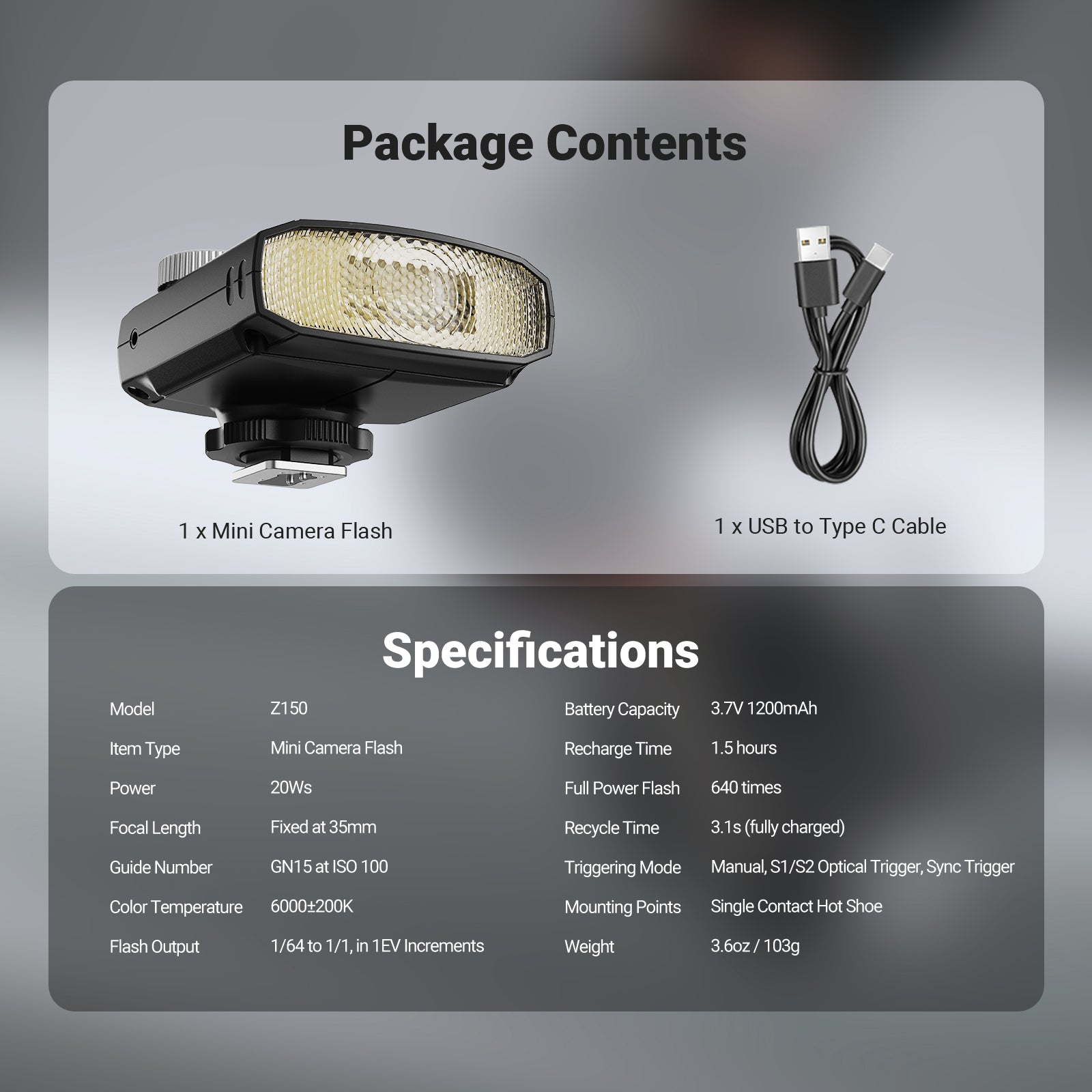 Specifications of the NEEWER Z150 Mini Camera Flash