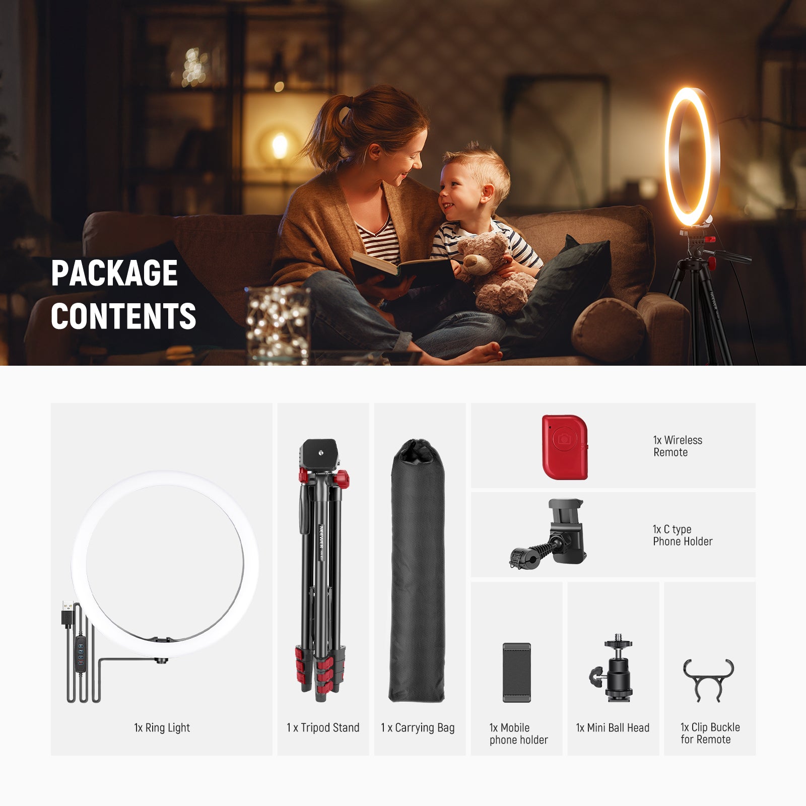 Package Contents of the NEEWER RP10-H Selfie Ring Light with Tripod Kit