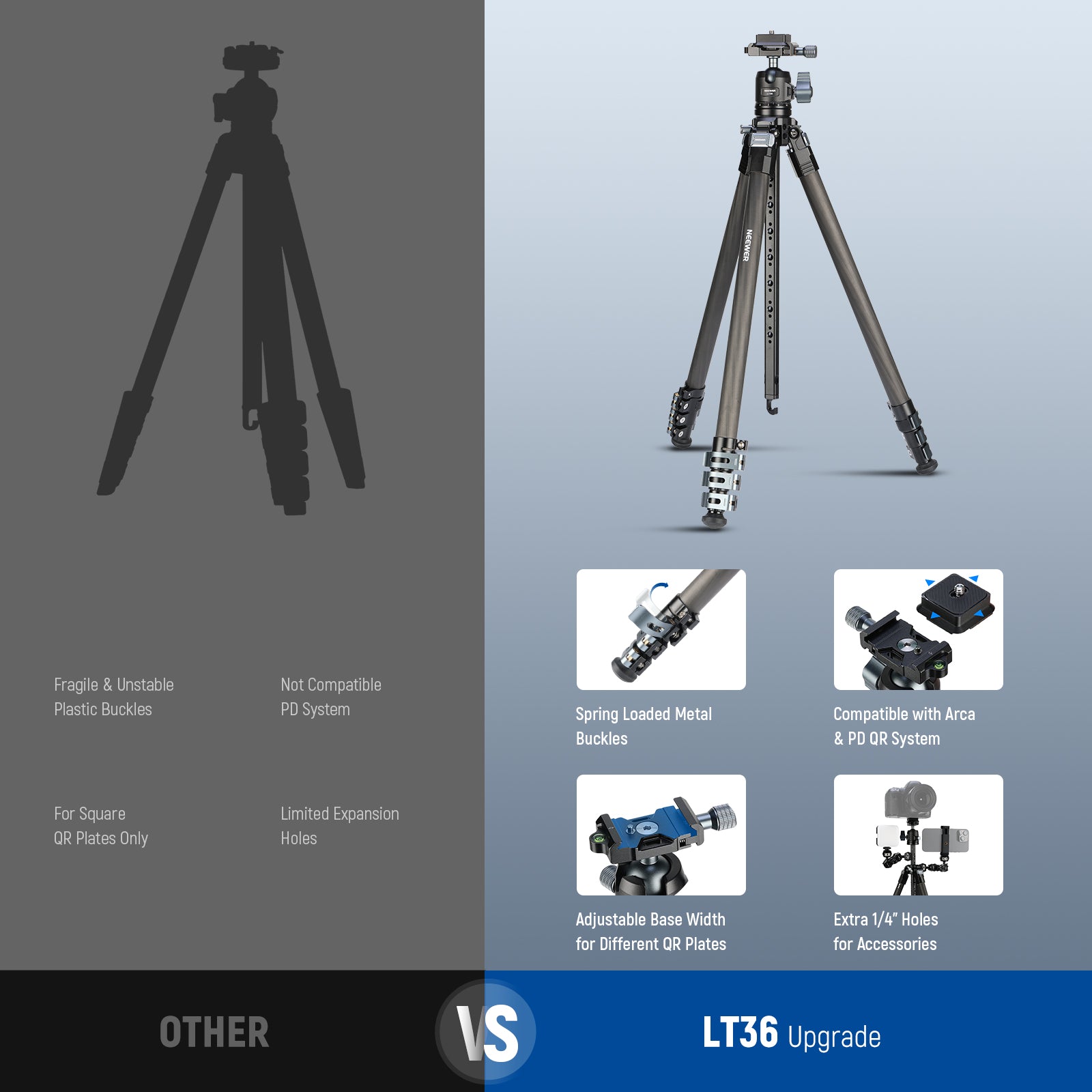 Neewer LT36/LT37 Carbon Fiber Travel Tripod - Thumbnail 4