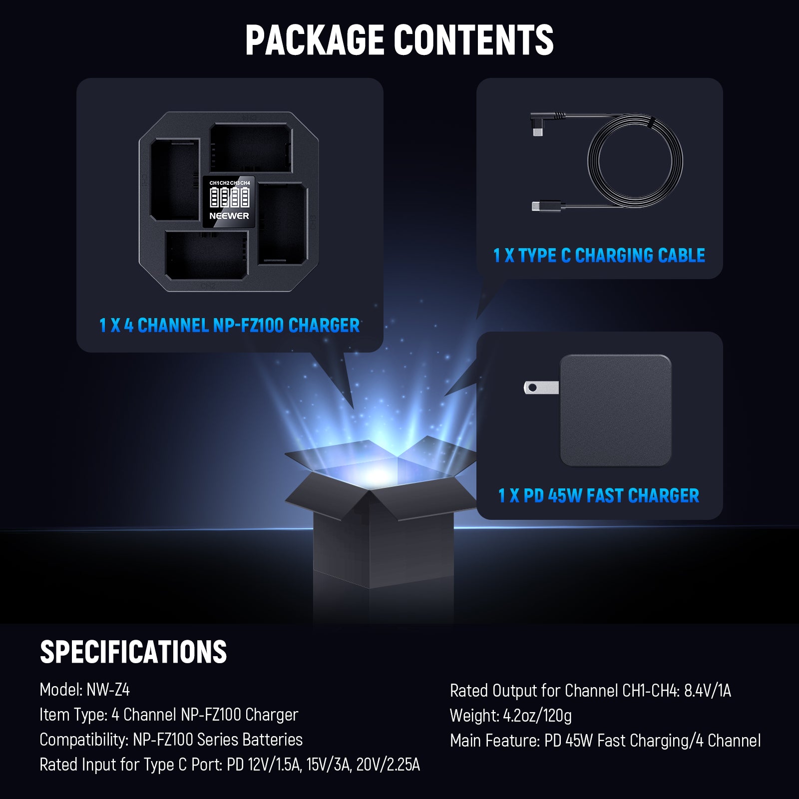 Package Contents of the NEEWER NW-Z4 4 Channel NP-FZ100 Charger Kit