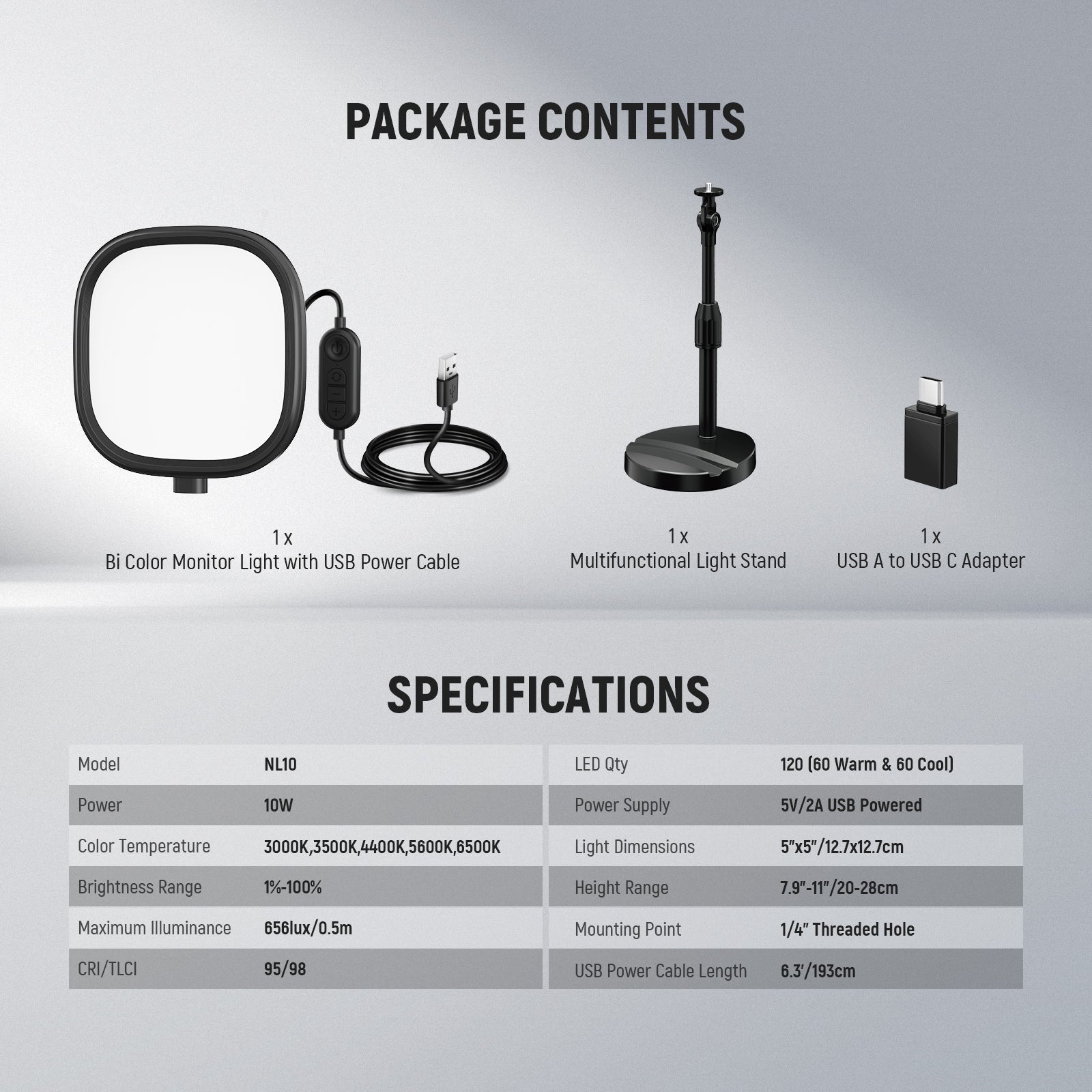 Package Contents of the NEEWER NL10 5" Bi-Color Desk Light Kit