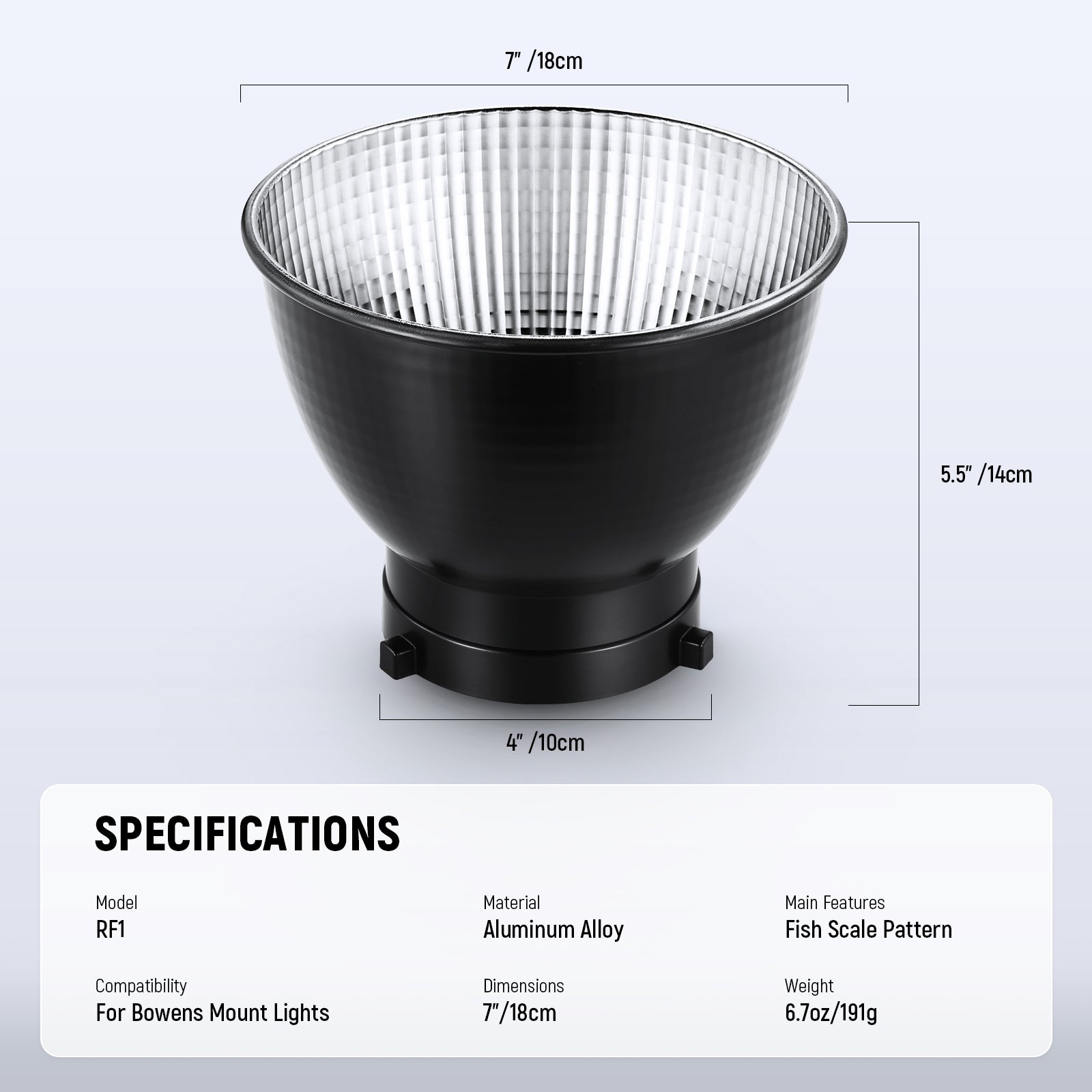 Specifications of the NEEWER RF1 Fish Scale Pattern Standard Reflector