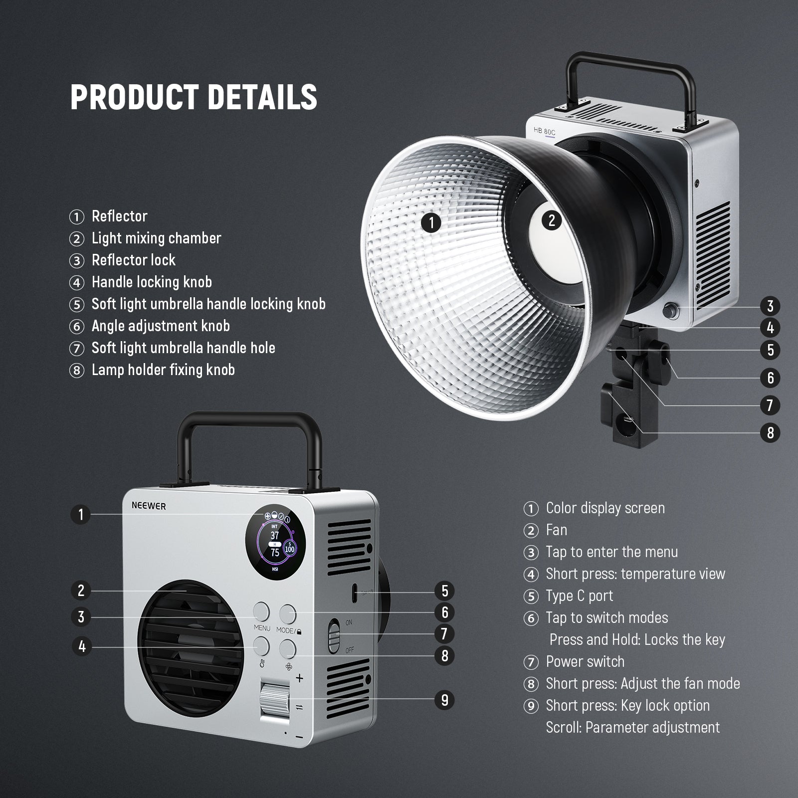 NEEWER HB 80C 80W 高輝度定常光 LEDライト NEEWER HB80C 80W RGBWW Mini COB LED Video Light