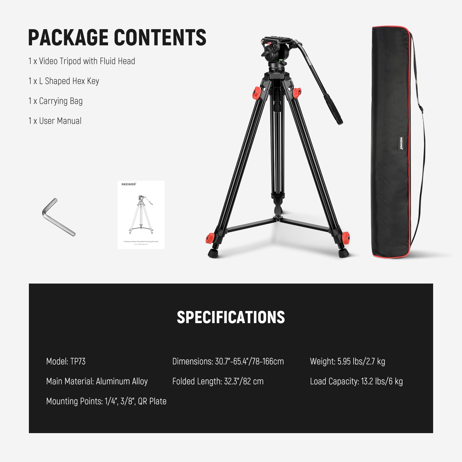 Package Contents of the NEEWER TP73 Lightweight Video Tripod