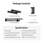 This package includes a base with split legs, a phone holder, an articulating arm, and two L-shaped hex keys.