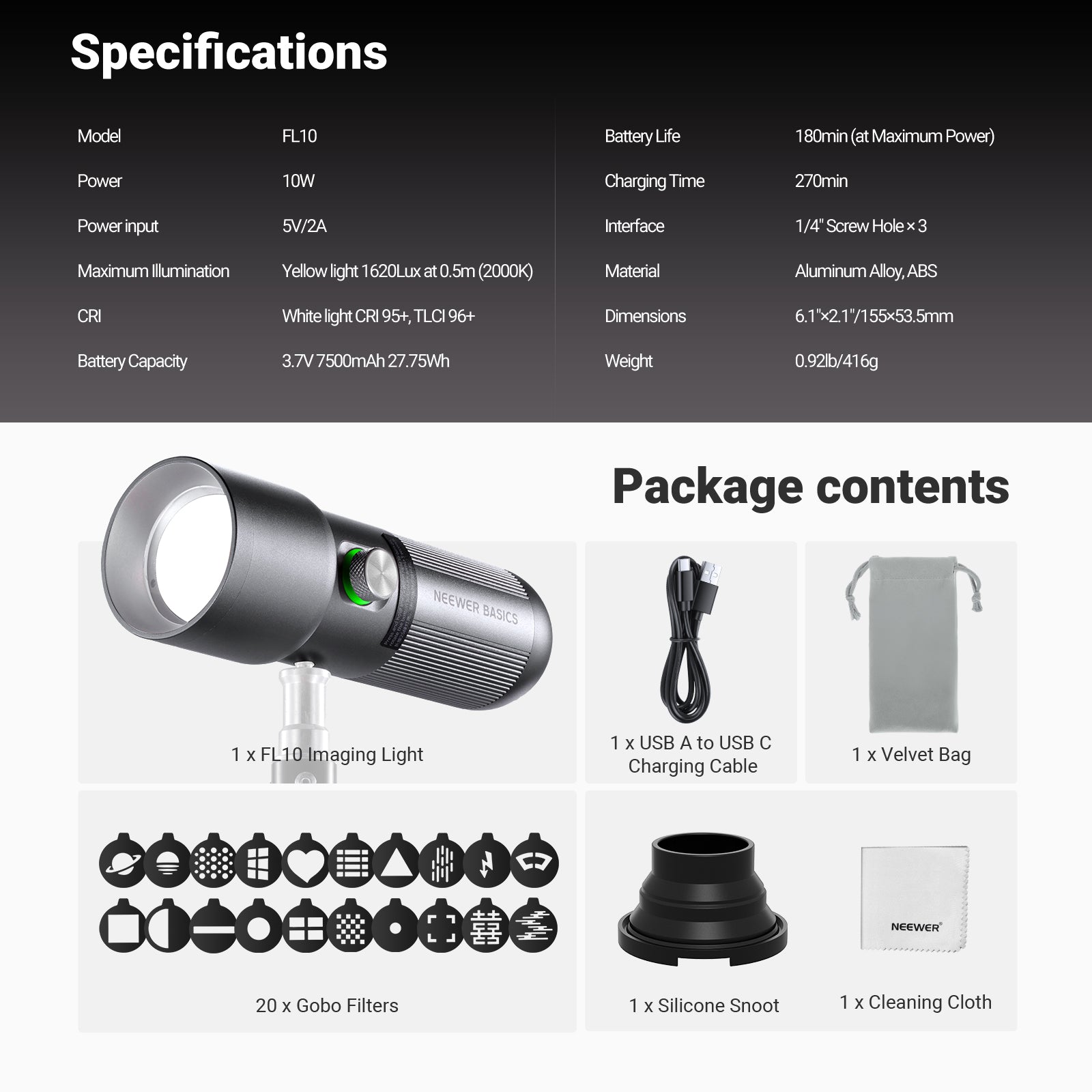 NEEWER FL10 LEDスポットライト 撮影照明 ポートレイト ビデオ NEEWER BASICS FL10 Portable Photography Flashlight