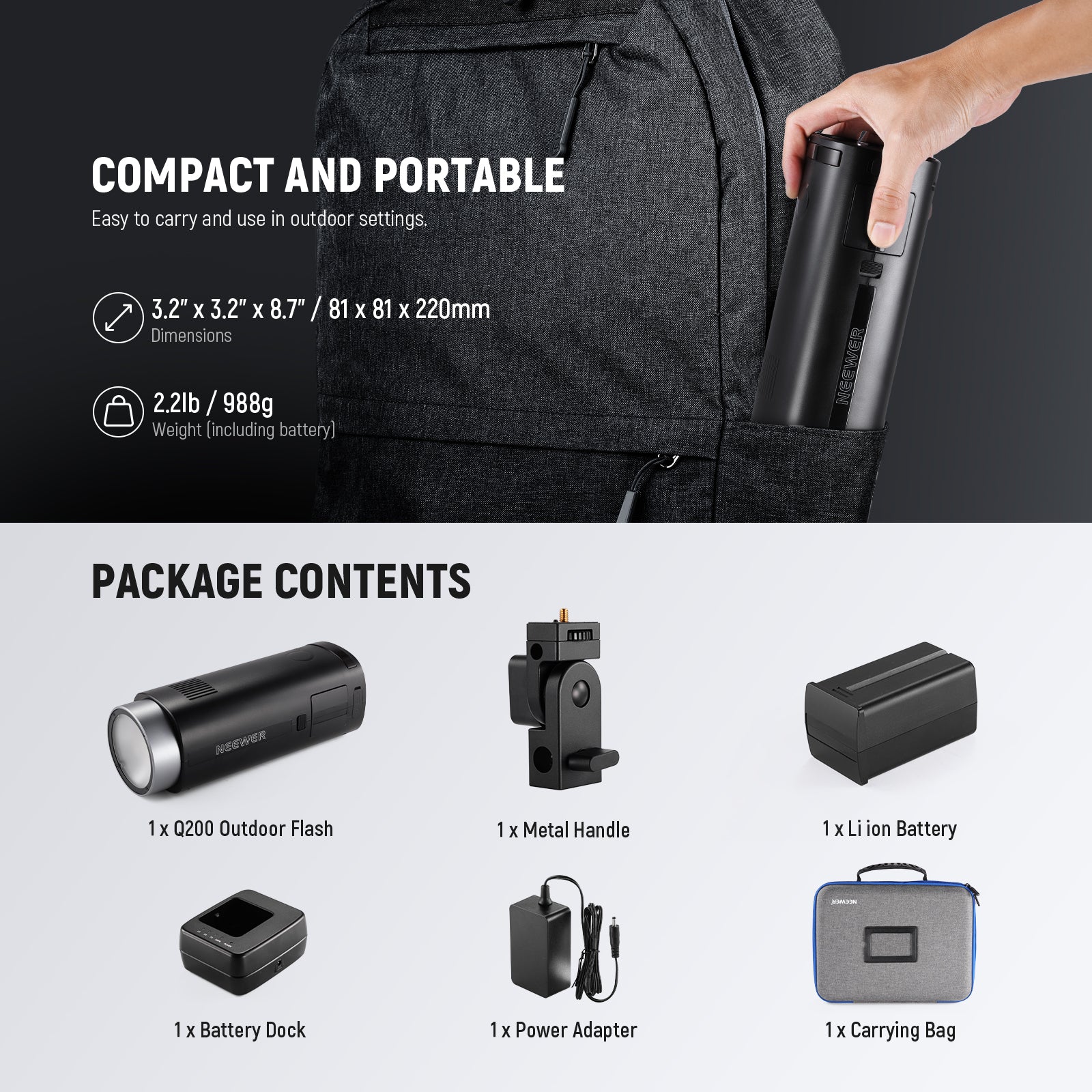 Package Contents of the NEEWER Q200 200Ws Strobe Lighting