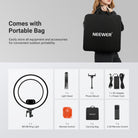 This kit includes a portable bag, which easily stores the cordless ring light and other accessories for convenient outdoor portability.