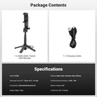 This package includes a selfie stick tripod with remote and a charging cable.