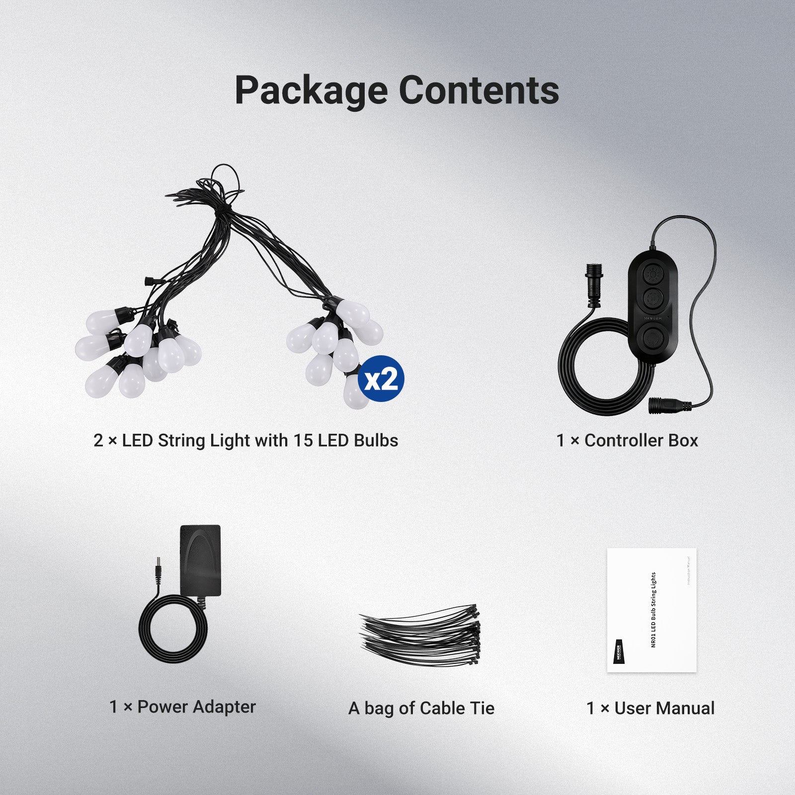 Package Contents of the NEEWER NR01 RGBW Outdoor String Light Kit
