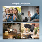 Neewer MG01 magnetic phone camera grip multi-scenario use: vlogging, phone stand mode, with NL45B fill light, and 1/4-inch screw hole for tripod mount