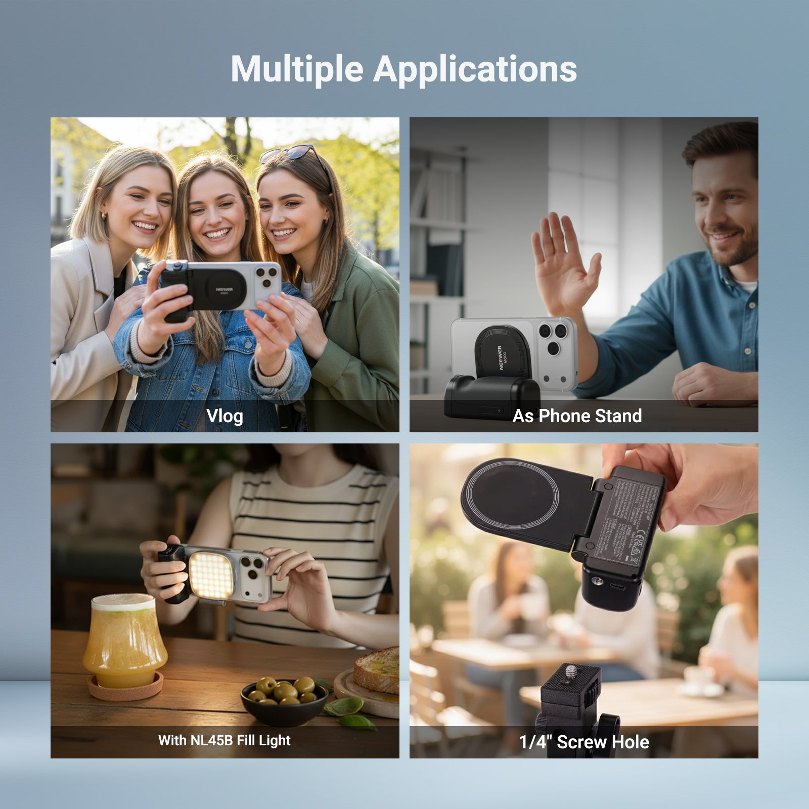 Neewer MG01 magnetic phone camera grip multi-scenario use: vlogging, phone stand mode, with NL45B fill light, and 1/4-inch screw hole for tripod mount