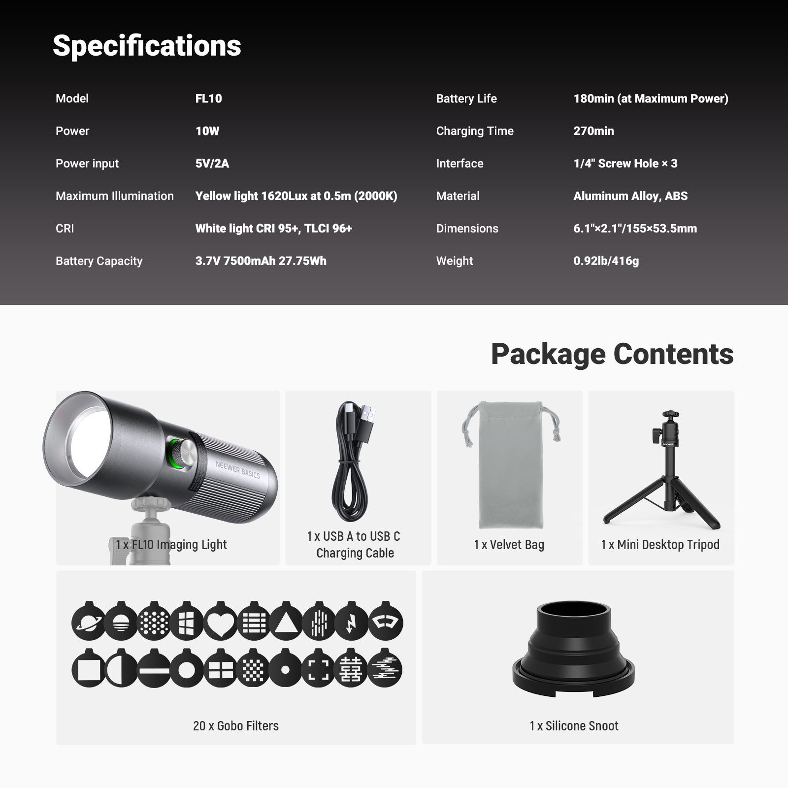 NEEWER FL10 Photography Flashlight with Mini Tripod Kit