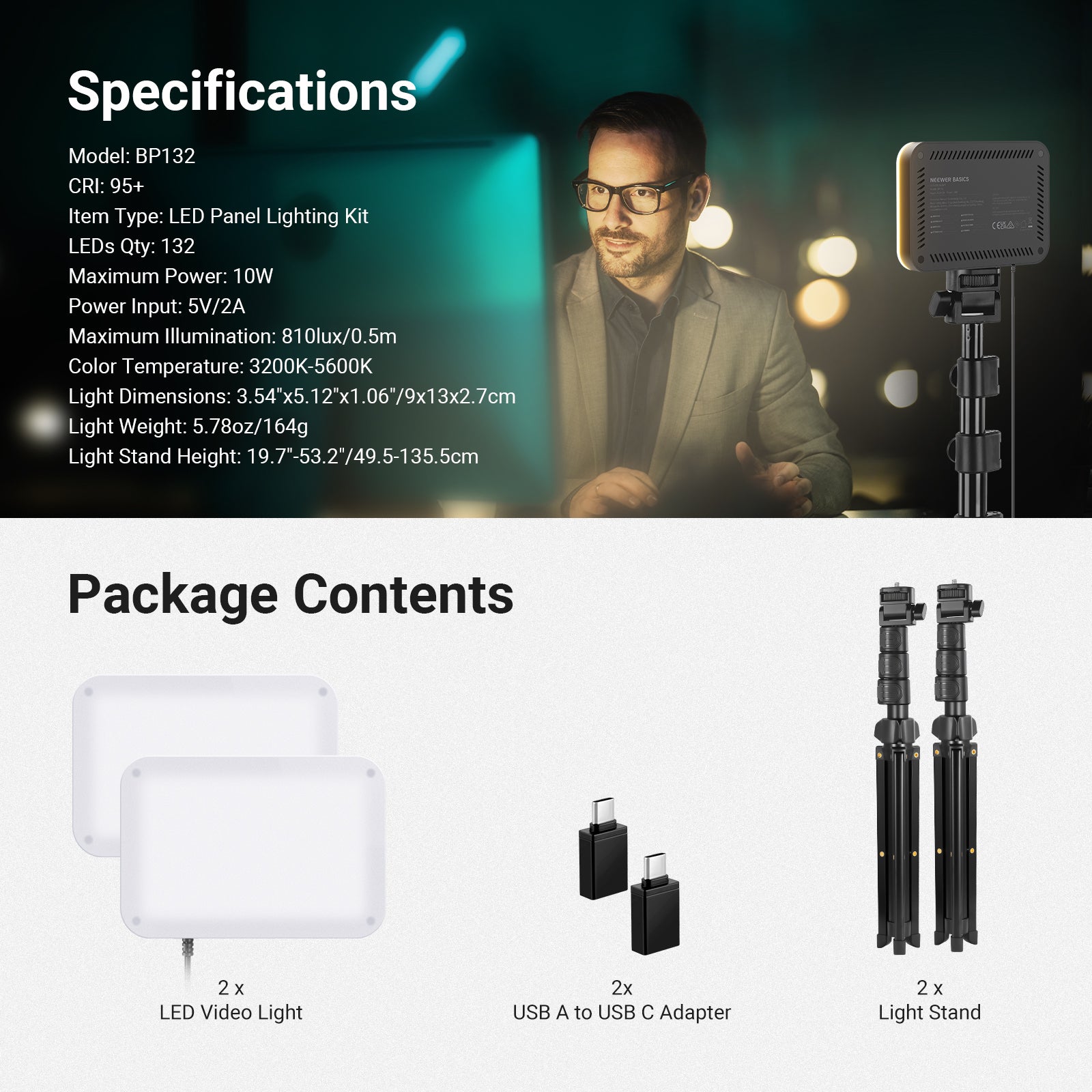 NEEWER BASICS BP132 2 Pack LED Video Light Panel Kit