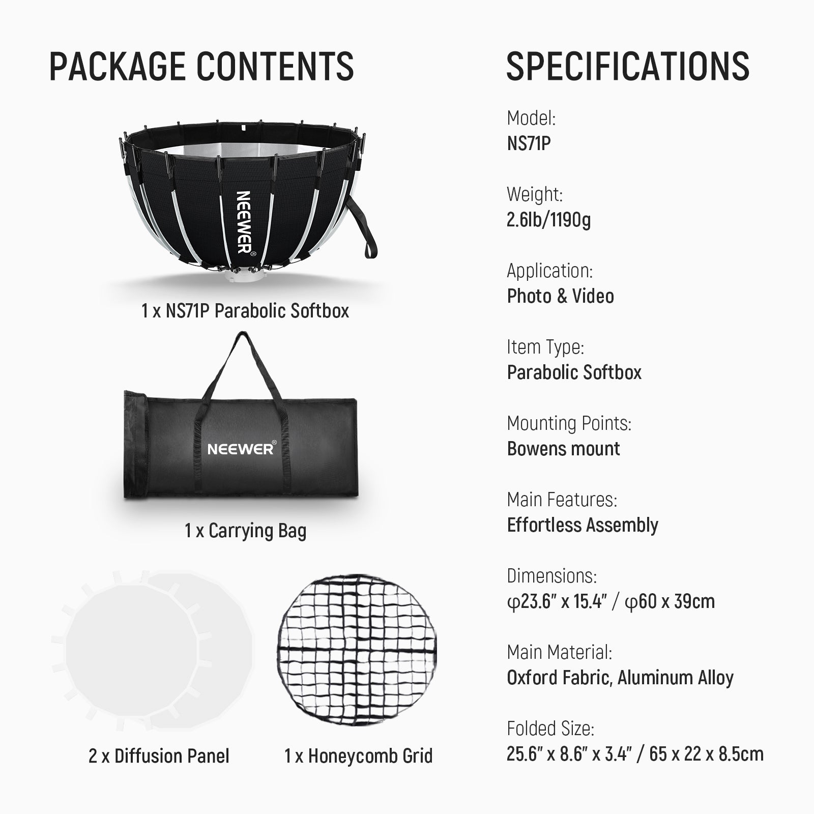 NEEWER 60CM/90CM/120CM Quick Release Parabolic Softbox