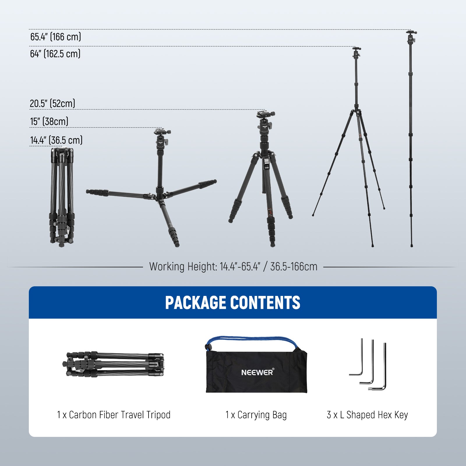 Package Contents of the NEEWER TP39 Carbon Fiber Camera Tripod Kit