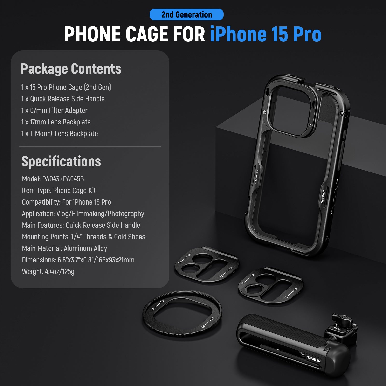 NEEWER iPhone 15pro用ケージセット NEEWER PA043/PA044+PA045B 2nd Gen 15 Pro/Pro Max Phone Cage