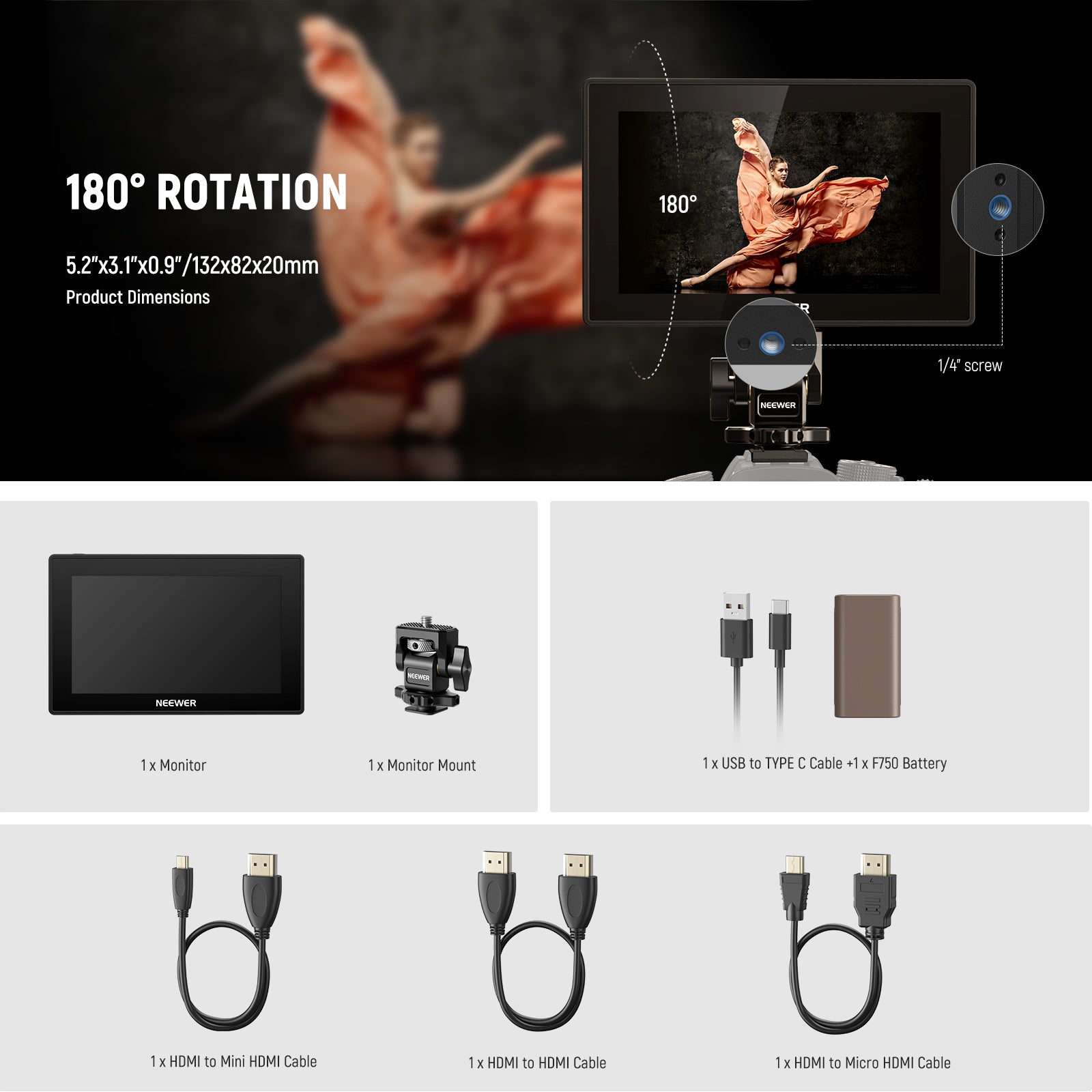 Package Contents of the NEEWER F500 PRO 5.5" Camera Field Monitor with Mount Kit