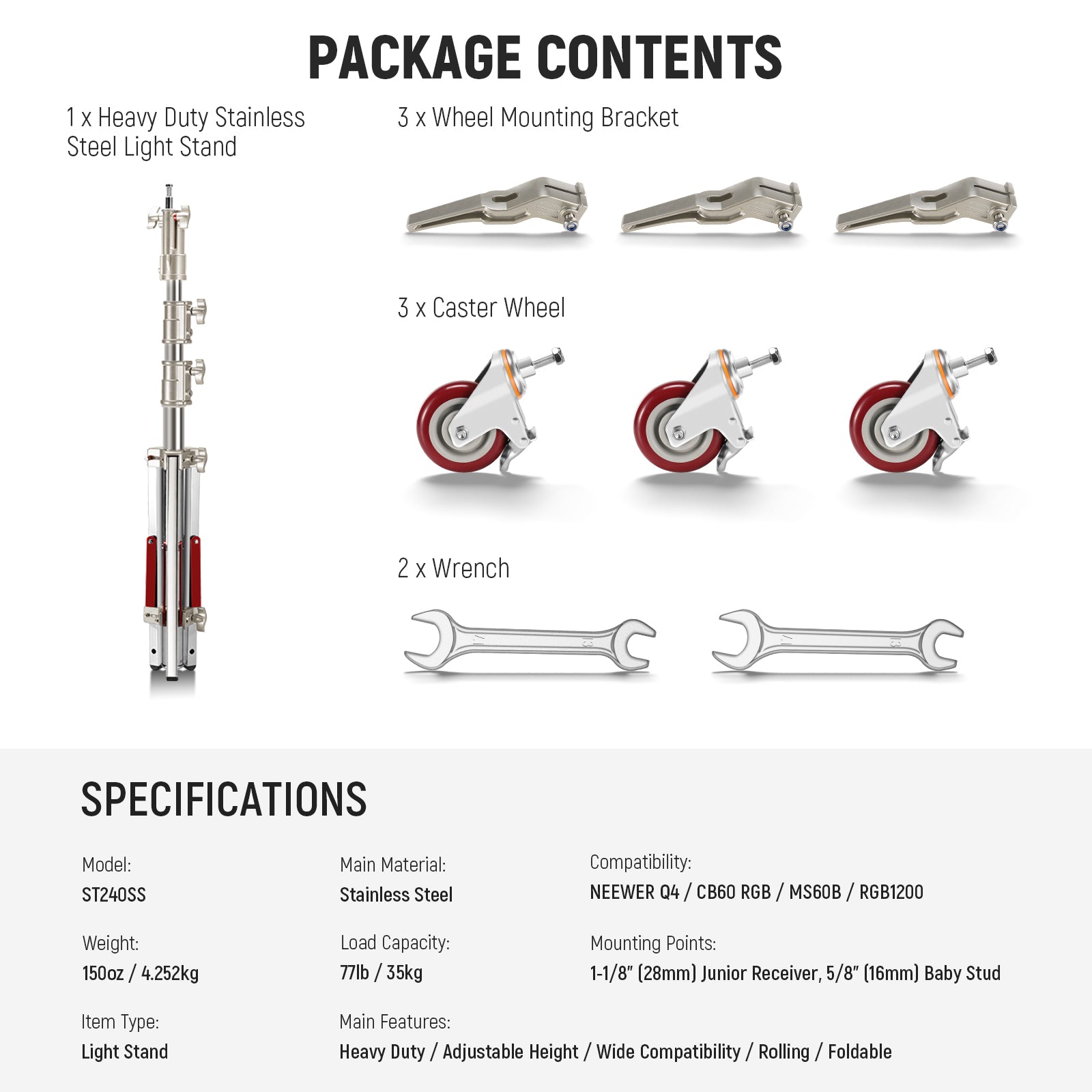 NEEWER 240cmステンレススチール製ライトスタンド NEEWER ST240SS Rolling Light Stand | Outdoor Light Stand