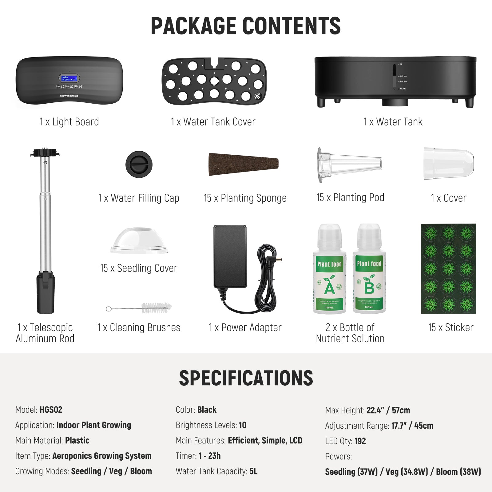 Package Contents of the NEEWER HGS02 Silent Aeroponics Growing System Kit