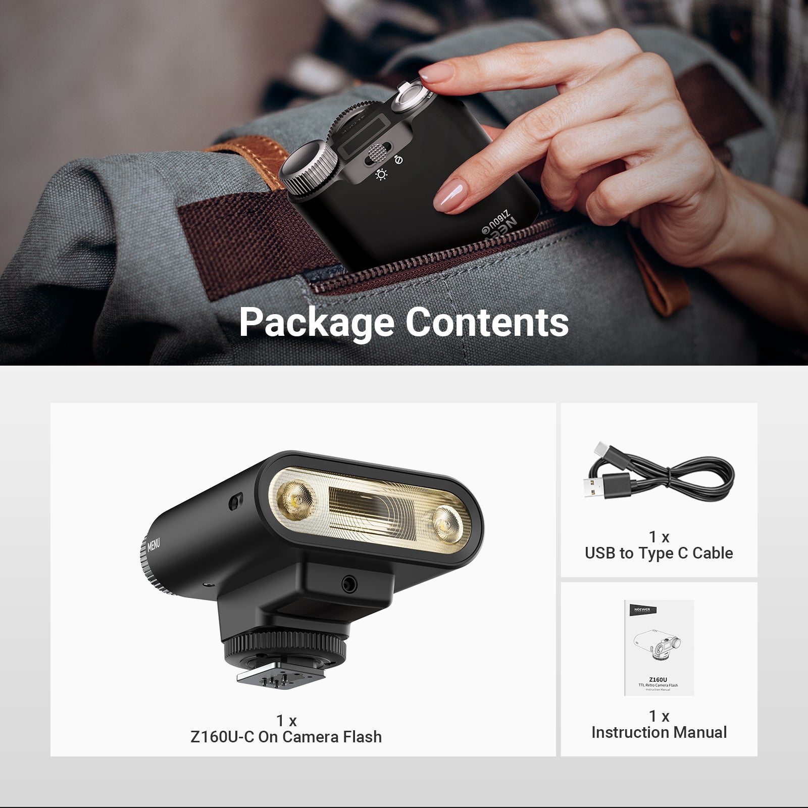 This package includes a NEEWER Z160U-C Stylish Mini On-Camera Flash and a USB to Type-C cable.