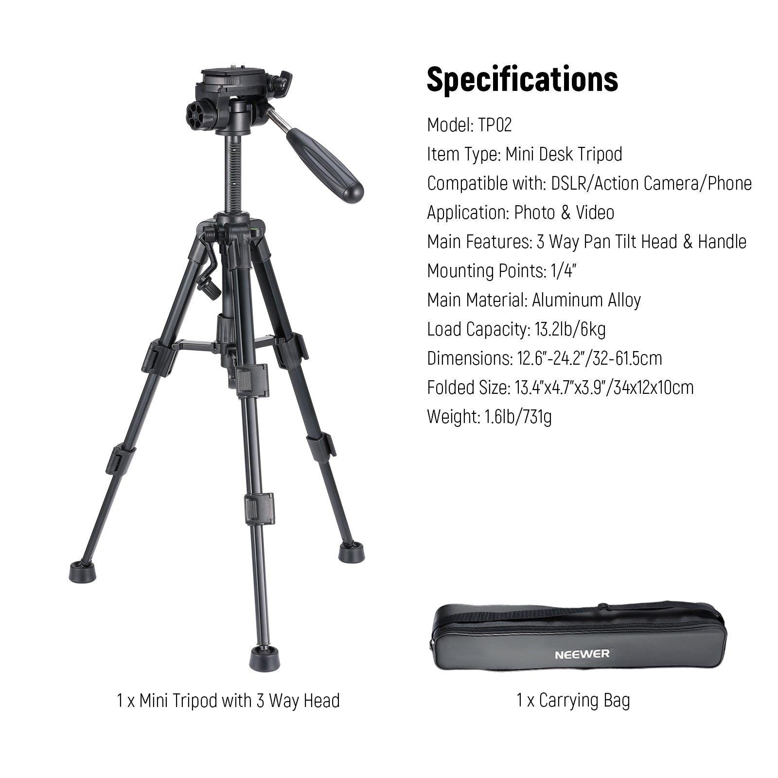 Specifications of the NEEWER BASICS TP02 Desktop Mini Tripod