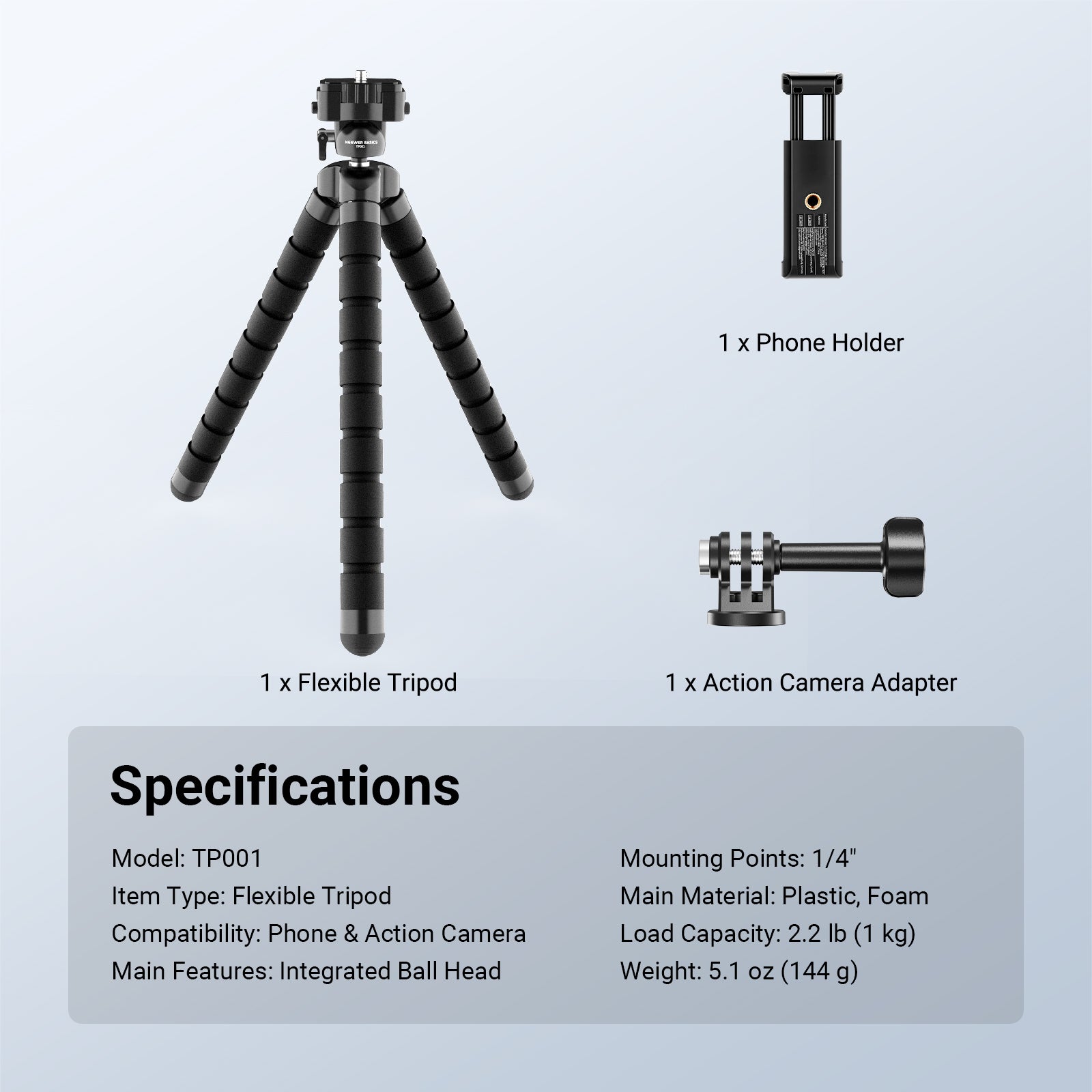 This package includes a flexible tripod, a phone holder, and an action camera adapter.