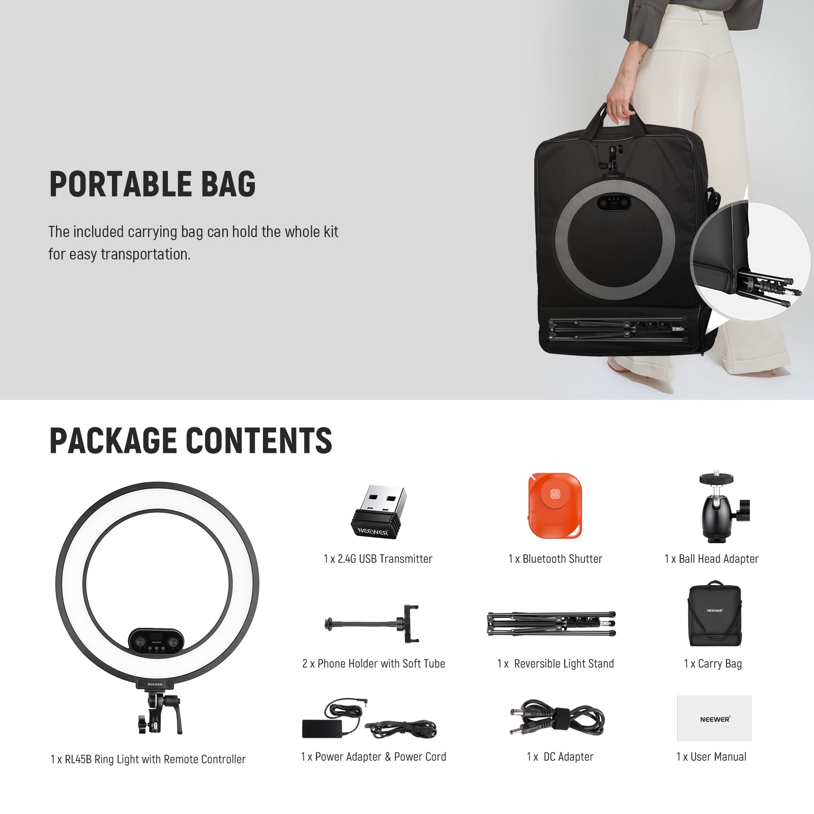 Package Contents of the NEEWER RL45B 45W 18" Slim Edge Lit Ring Light Kit