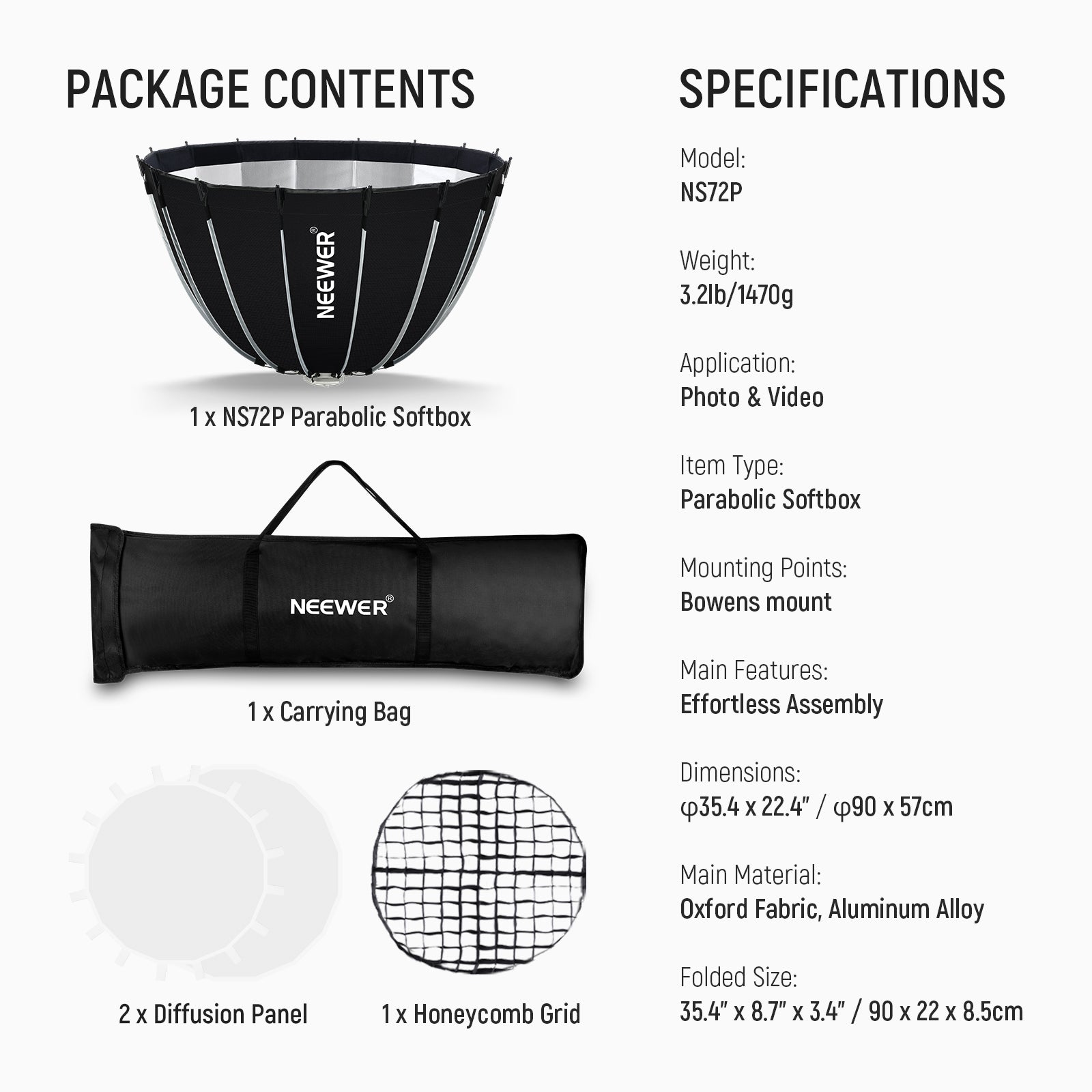 Specifications of the NEEWER NS712 Parabolic Softbox