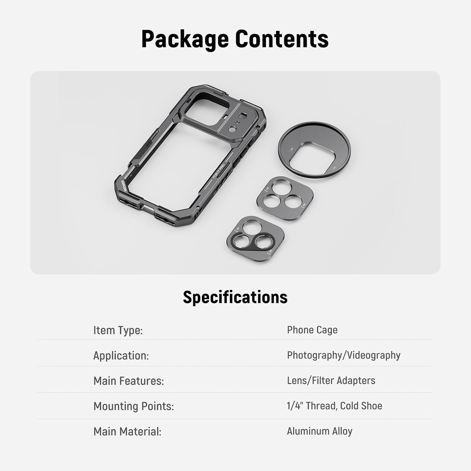Specifications of the NEEWER PA143 Phone Cage for iPhone 17 Pro